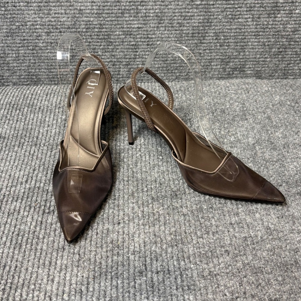 QIY Brown Mesh Slingback Kitten Heels Pointed Toe Pumps Women's 9
